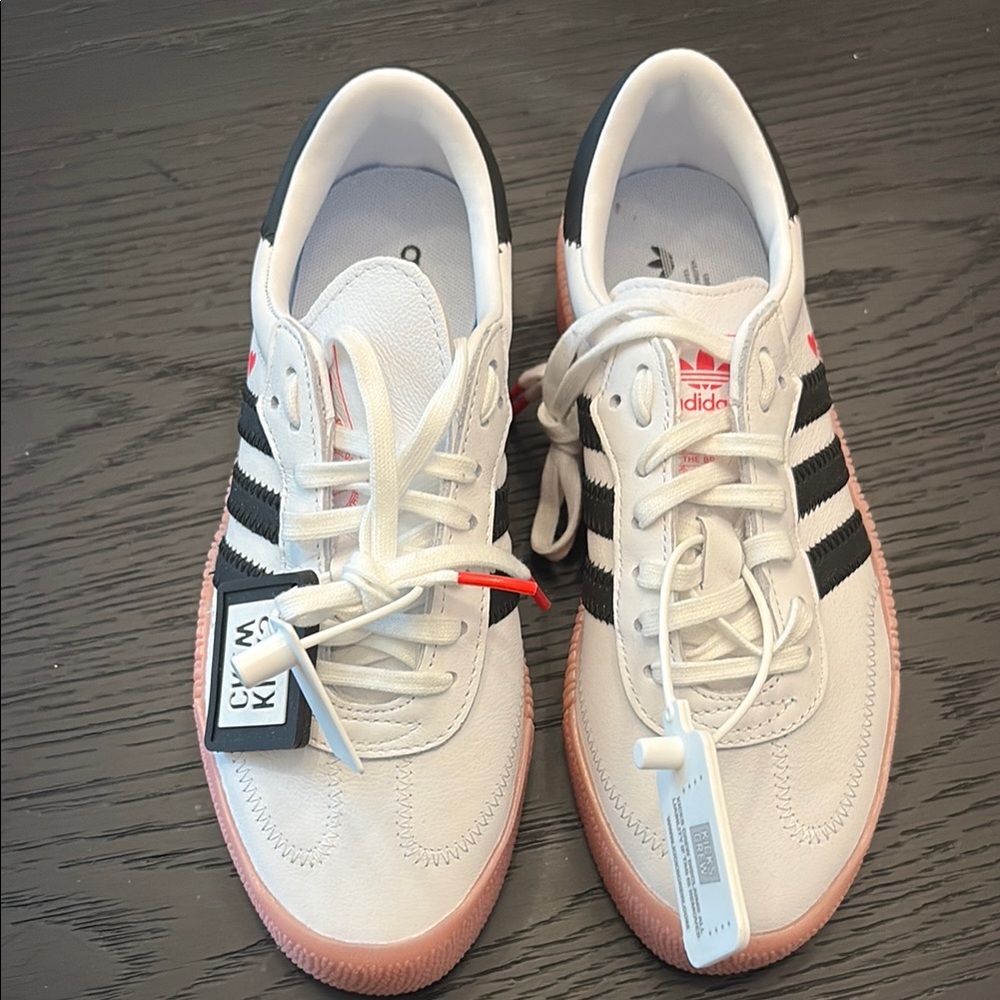 Adidas White and Pink Trainers with Black Stripes